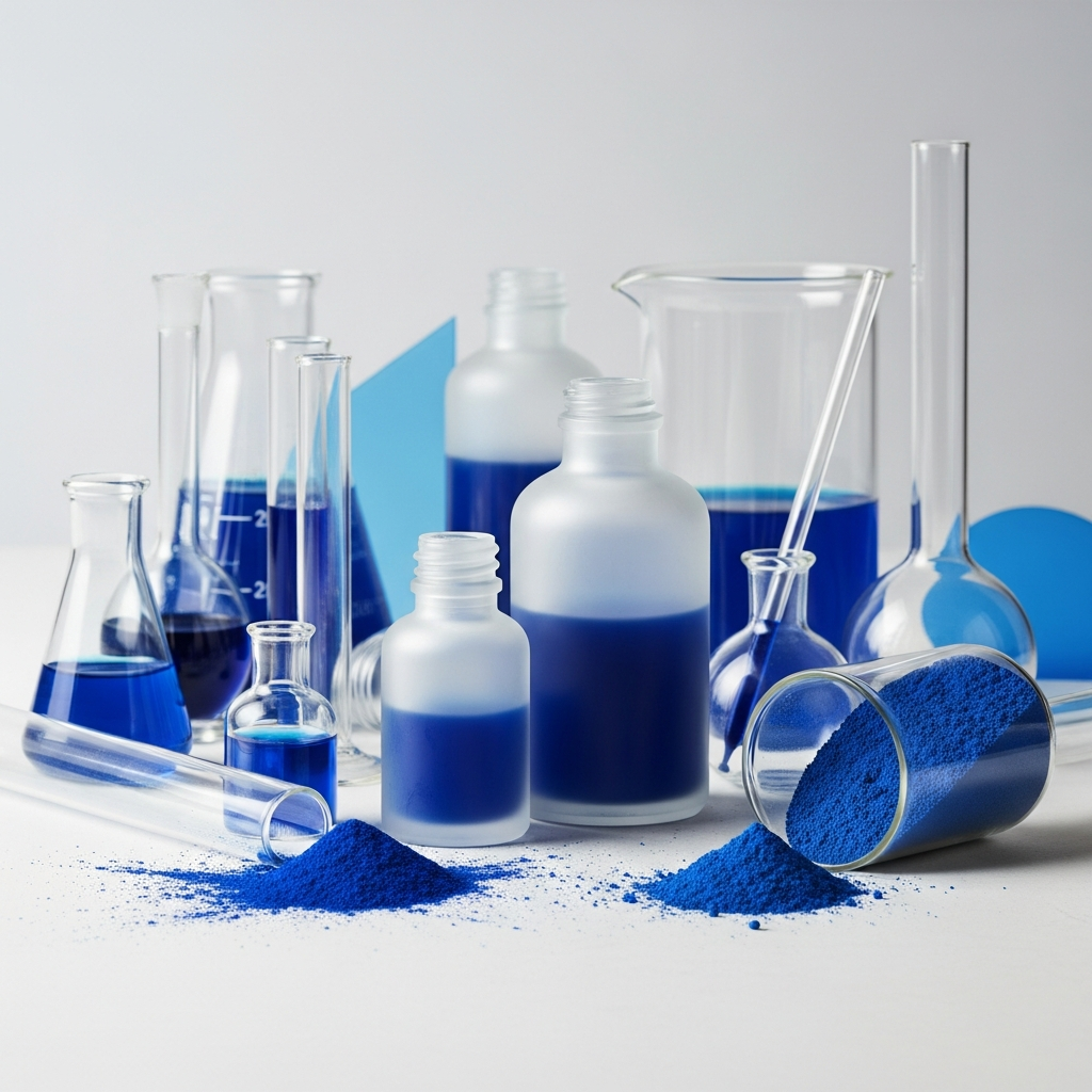 Unbeschriftete Kosmetikflaschen mit blauem Farbpigment neben Laborglas und Pigmentpulver